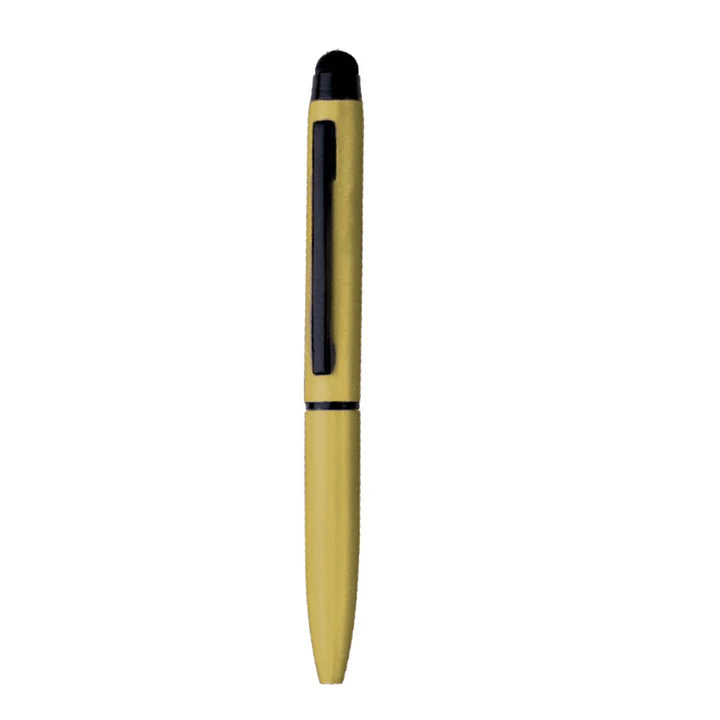Gold pen with black accents on a white background