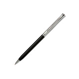 Black pen with silver clip on a white background