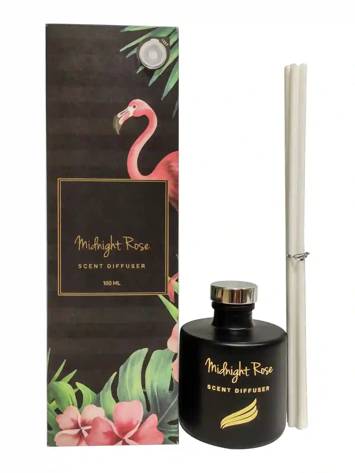 Midnight Rose scented diffuser with packaging featuring a flamingo design.