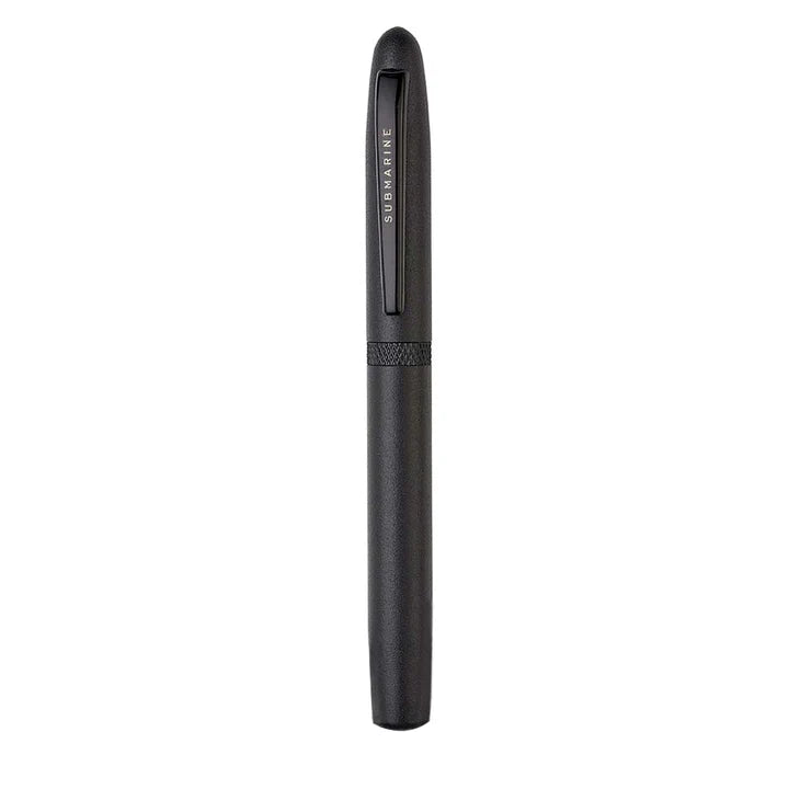 Black pen with visible brand name on a white background