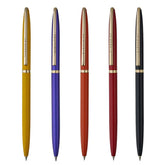 Five different colored pens with gold accents on a white background