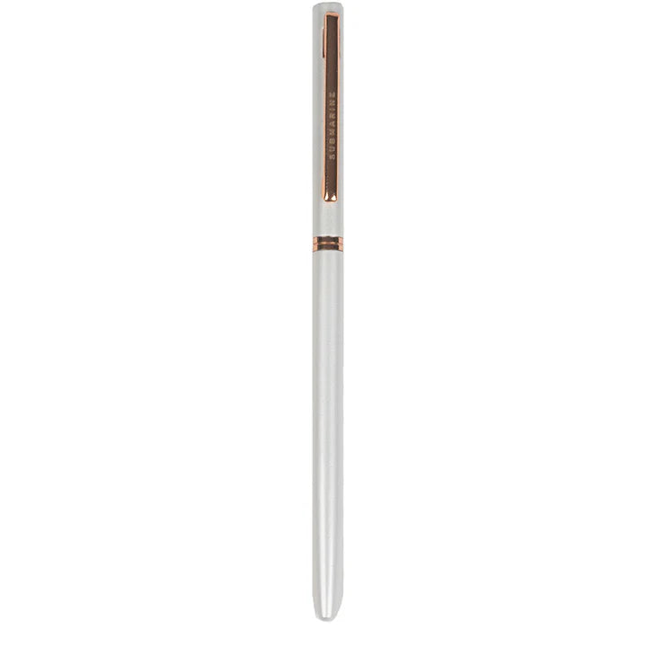 Silver pen with rose gold accents on a white background