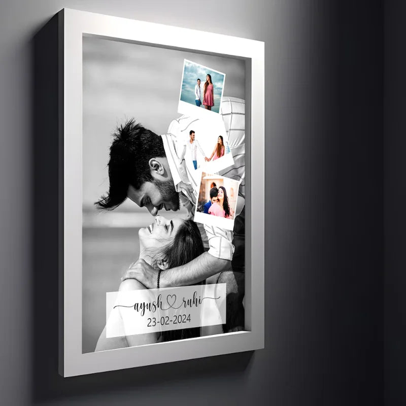 Romantic wall-mounted Personalized Love Portrait Frame featuring couple's names, date, and 4 memorable photos in a sleek white frame.
