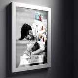 Romantic wall-mounted Personalized Love Portrait Frame featuring couple's names, date, and 4 memorable photos in a sleek white frame.