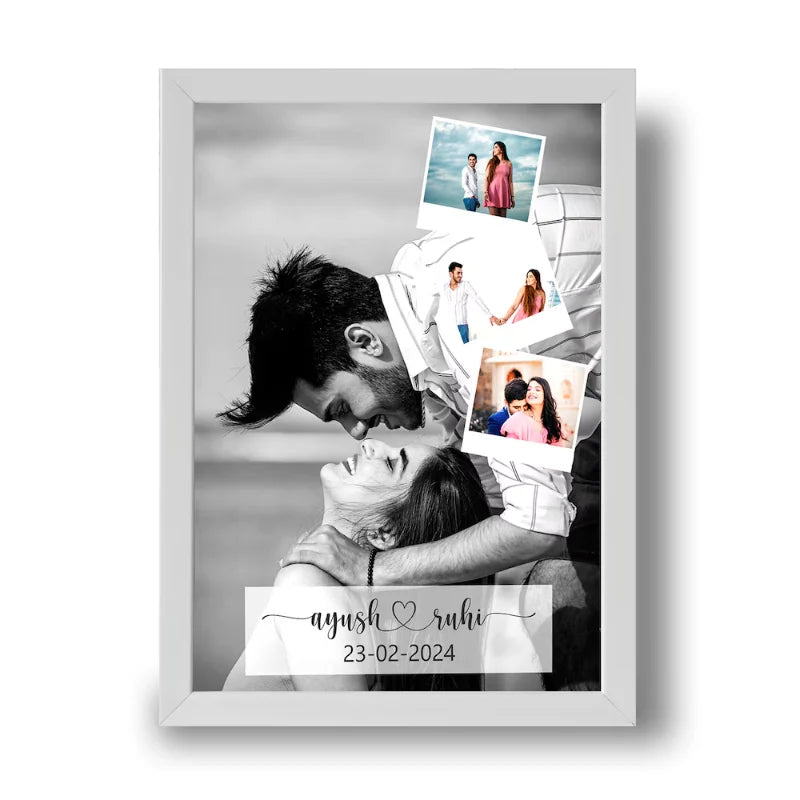 Customizable Love Portrait Frame with black-and-white couple photo, 4 color inserts, names Ayush & Ruhi, and date for Valentine’s Day keepsake.