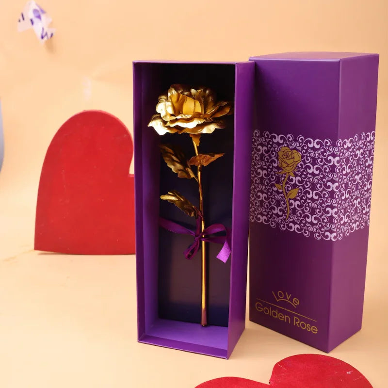 Rose gold gift for girlfriend, 25cm gold plated rose in a purple gift box with ribbon. Perfect for Valentine's or Rose Day surprise.