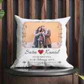 Forever Together personalized cushion gift 16x16 inches with custom photo, names Sara and Kunal, and date, perfect for Valentine's Day or anniversaries.