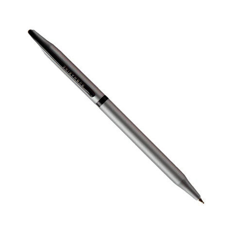 Silver pen with black accents on a white background