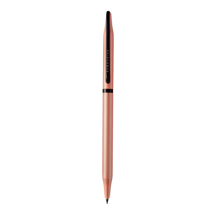 Rose gold pen with black accents on a white background