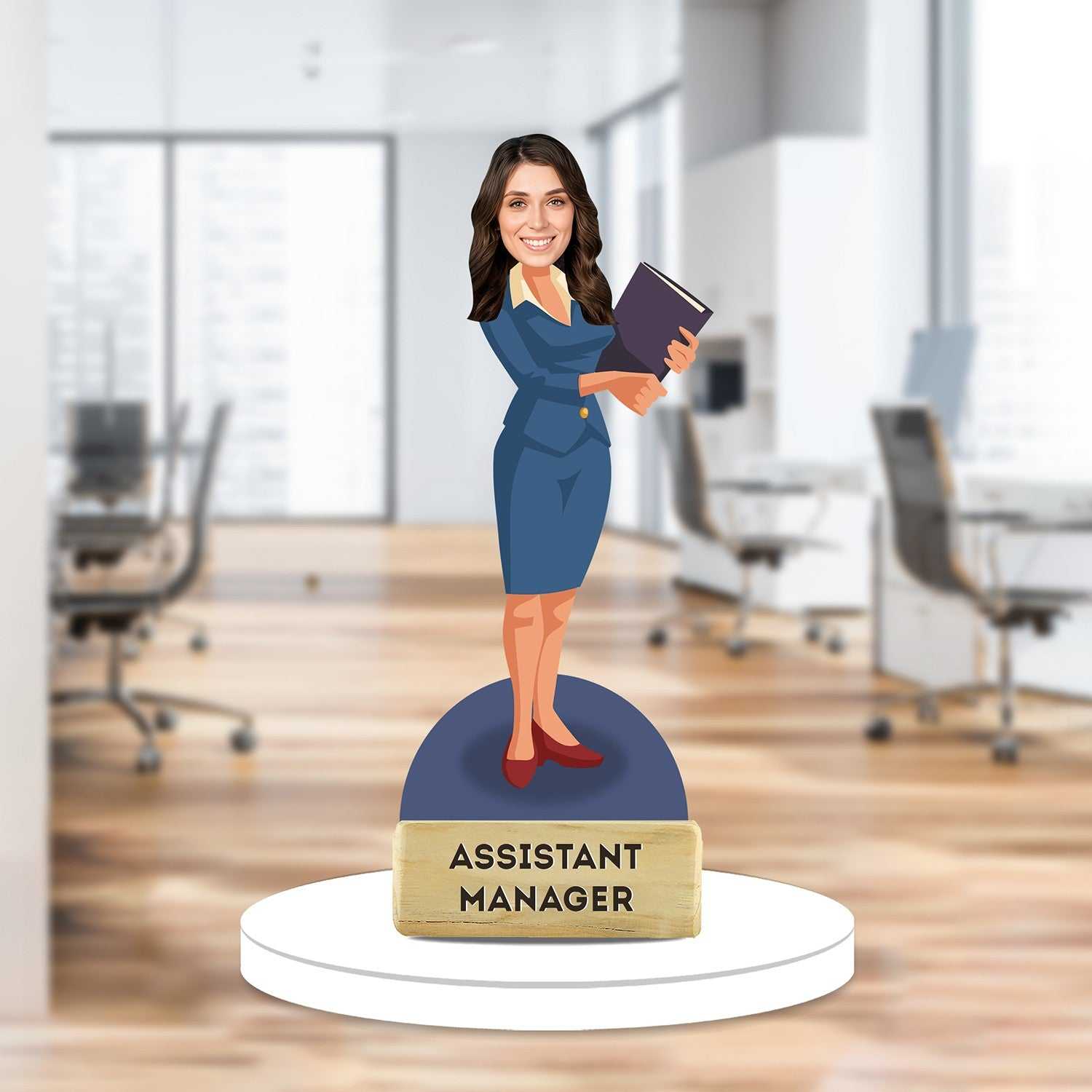Assistant Manager Caricature Gift | Acrylic Showpiece featuring a female figure in formal attire holding files, ideal for office decor or gifting.