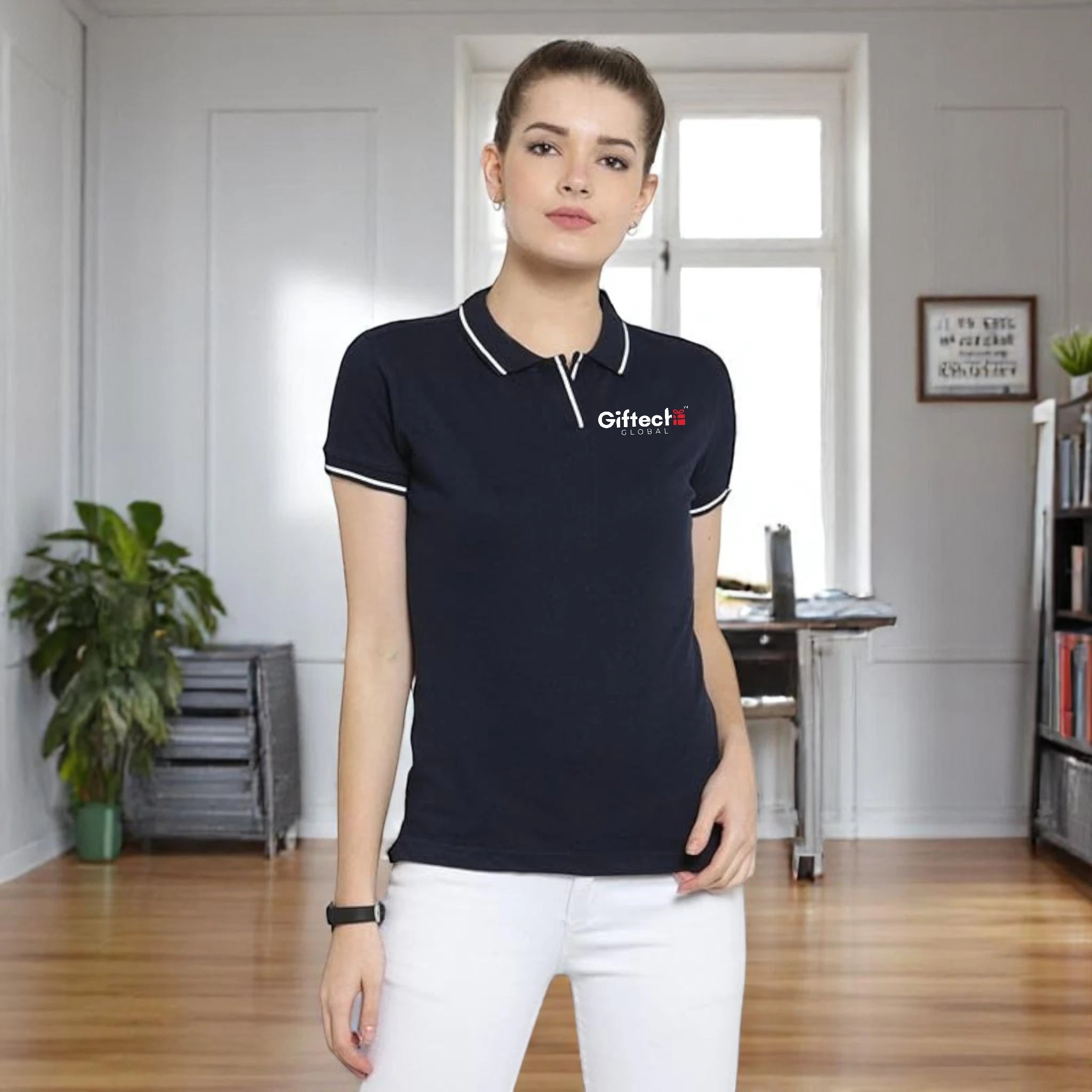 Women's Tipped Elegance Polo T-shirt with Embroidered Logo Navy Blue with White