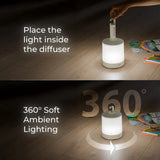 Light diffuser with 360-degree soft ambient lighting on a wooden floor.
