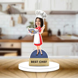 Best Chef Caricature acrylic showpiece featuring a female chef in red apron holding a cookbook, ideal kitchen decor and chef gift for birthdays.