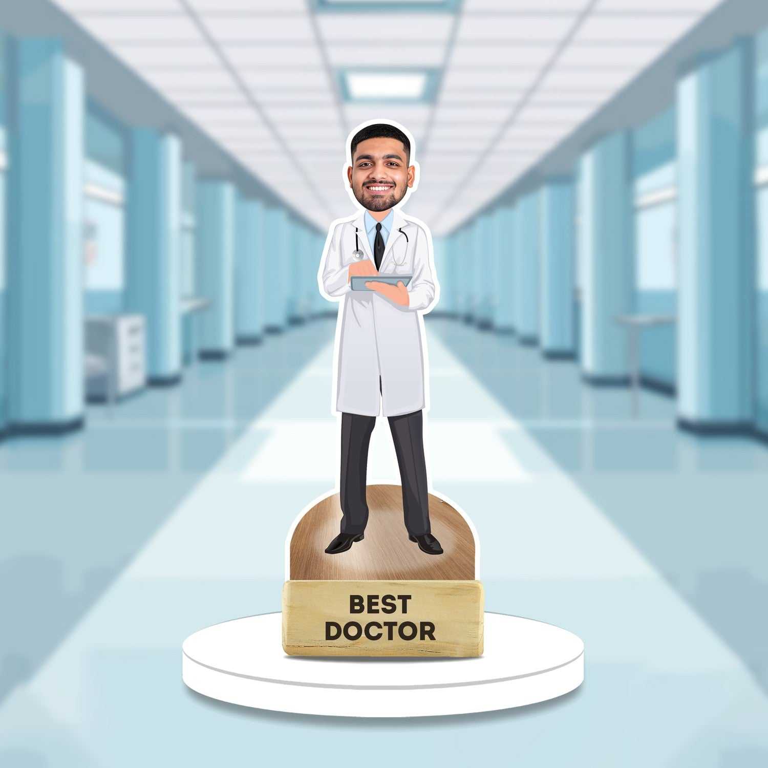 Best Doctor Caricature - Personalized Gift | Doctor Showpiece featuring a smiling male doctor in a white coat holding a clipboard, set in a hospital hallway. Ideal for home decor or gifting medical professionals.