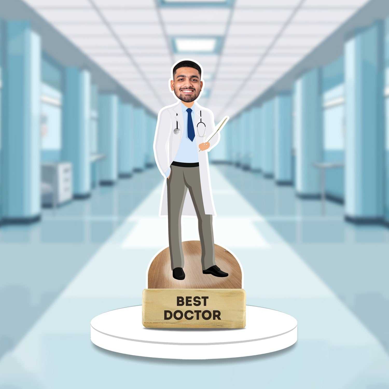 Best Doctor Caricature Gift - Hero Caricature acrylic showpiece featuring a smiling male doctor in a white coat holding a clipboard, ideal for decor.