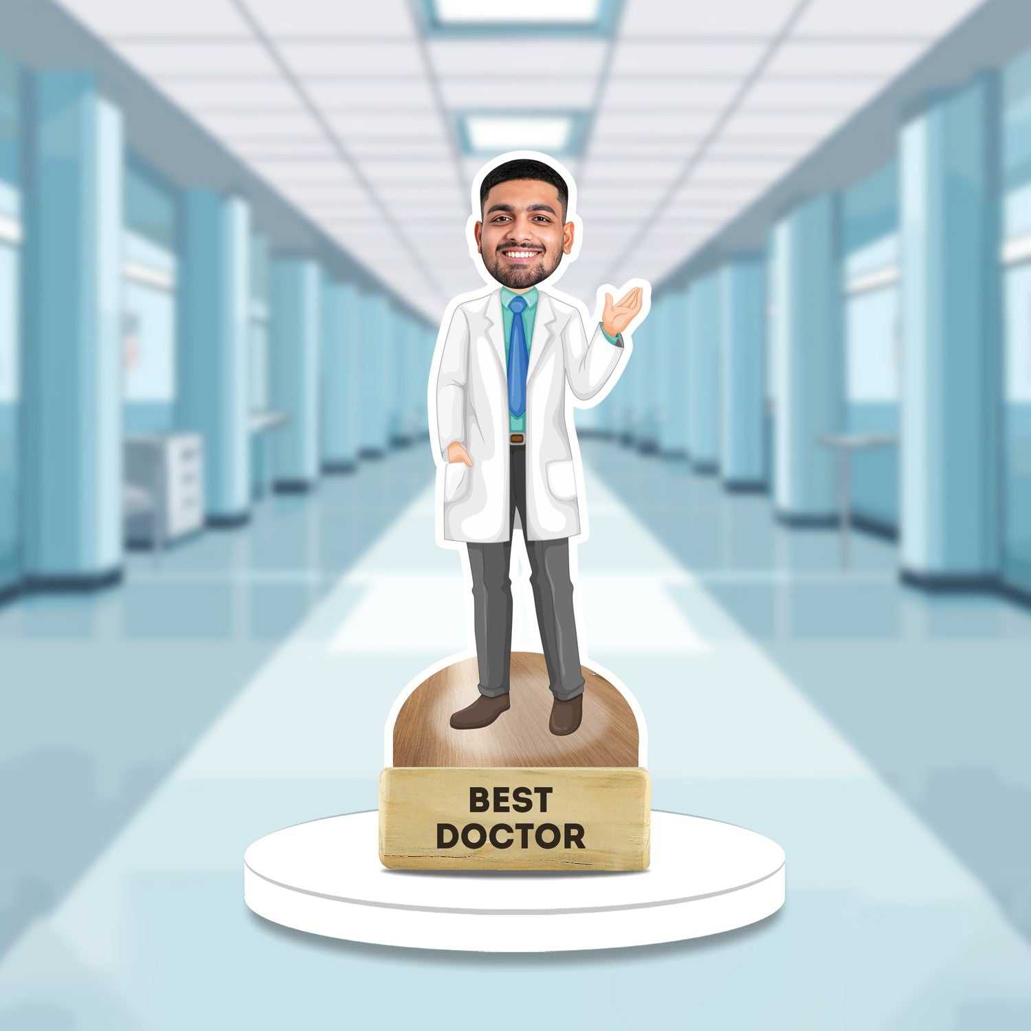 Best Doctor Male Caricature - Custom Caricature Gift | Showpiece featuring a smiling male doctor in a white coat, ideal for clinic or desk decor.