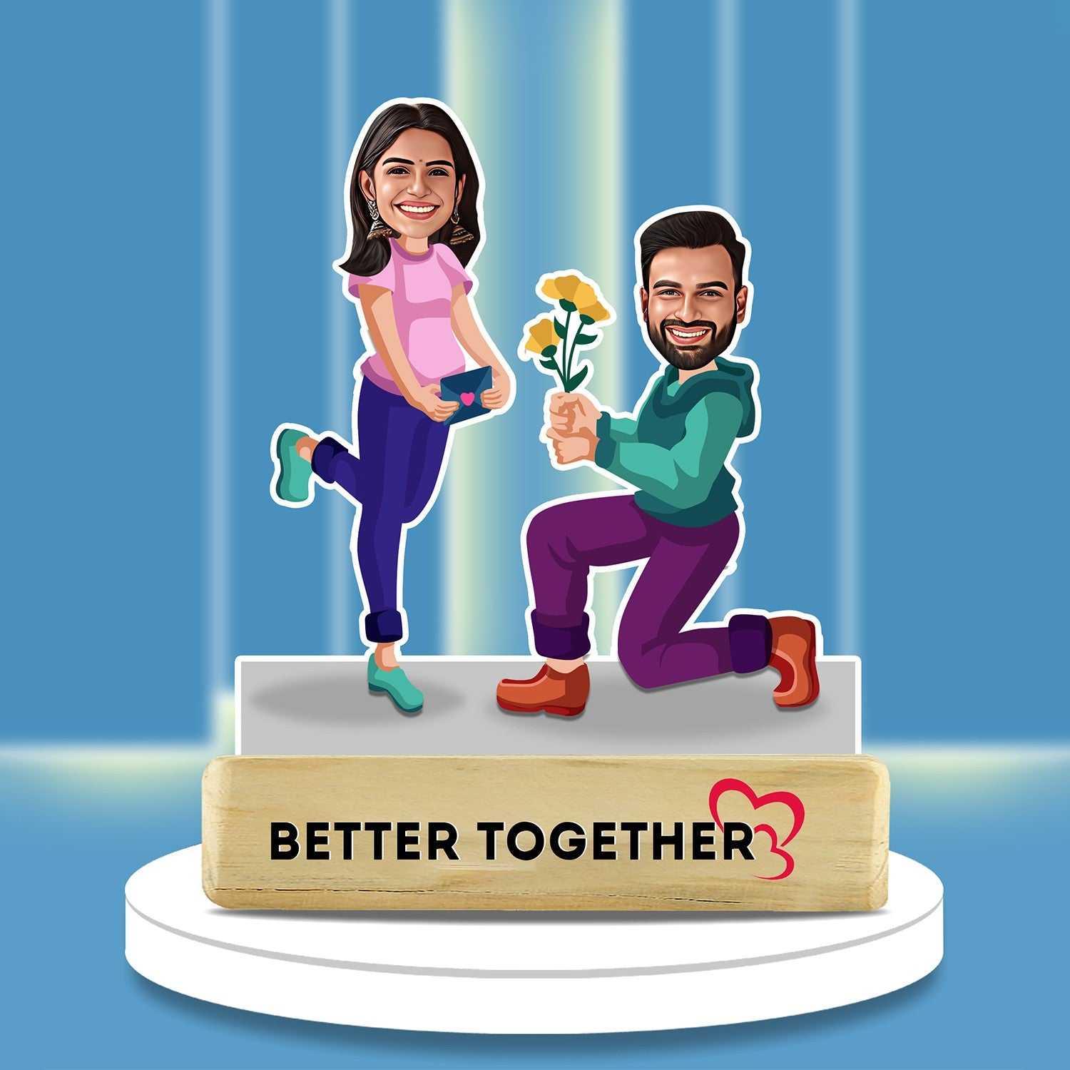 Forever Caricature - Caricature Gift for Couples | Showpiece, Acrylic featuring a smiling couple in playful poses with 'Better Together' text on wooden base. Ideal for romantic home decor or anniversary gifts.