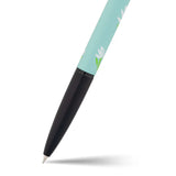 Pen with a light blue barrel and black clip on a white background