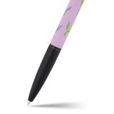 Pen with a purple barrel featuring green leaves and flowers on a white background
