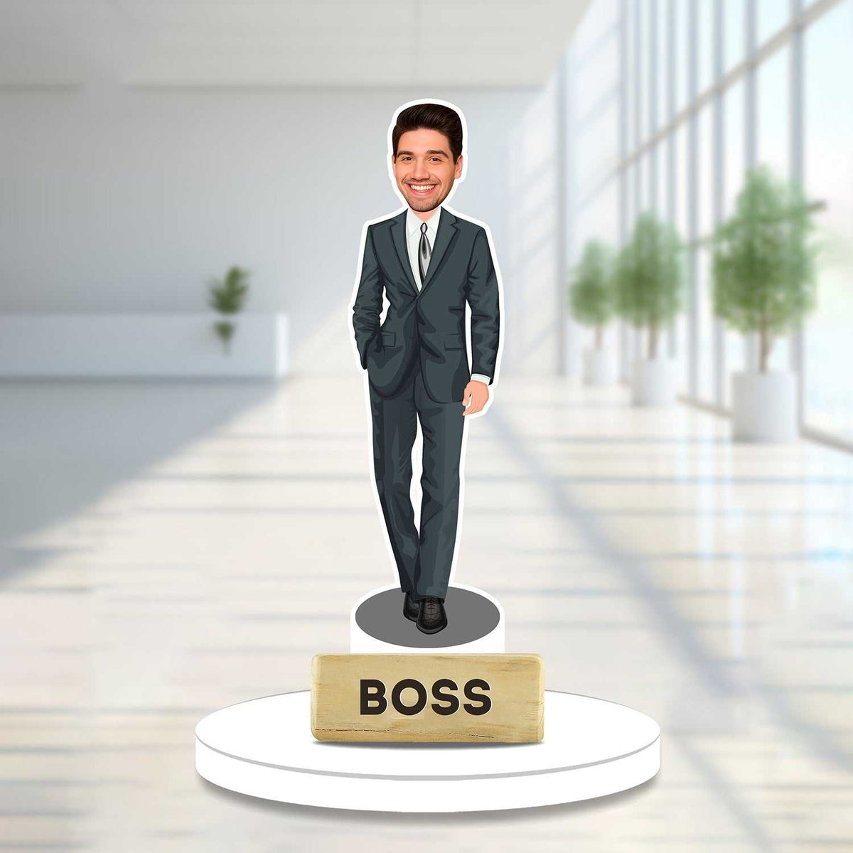 CEO Swag Caricature in a sharp suit with 'BOSS' nameplate, a personalized showpiece gift for entrepreneurs and business leaders.