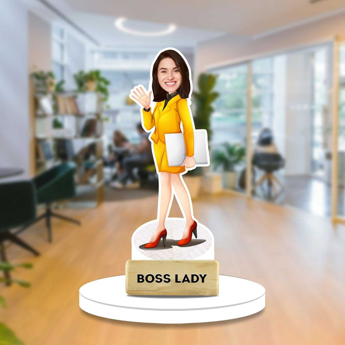Boss Lady Caricature - Custom Gift | Personalized Acrylic figurine featuring a confident woman in yellow suit holding a laptop, ideal for office decor.