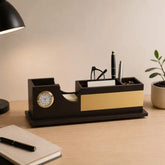 Brown Pen Stand with Built-In Clock
