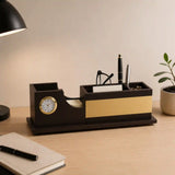 Brown Pen Stand with Built-In Clock