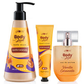 Caramel Lovin' Bath & Body set Trio with Vanilla Caramello body wash, hand cream, and eau de parfum. Ideal for gifting and self-care routines.