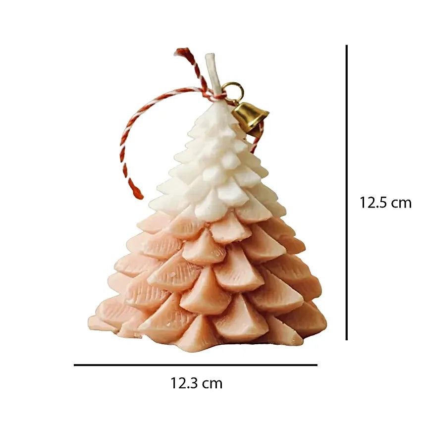 Christmas tree-shaped scented candle in orange and white with dimensions 12.5 cm height and 12.3 cm width, ideal for holiday home décor.