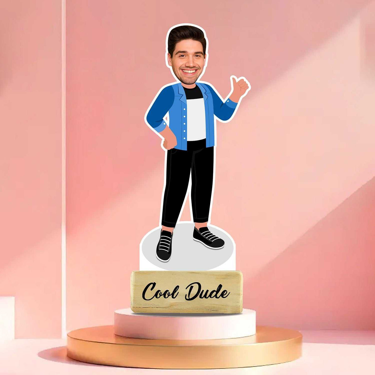 Cool Dude Caricature - Gift for Friends | Personalized Showpiece featuring a smiling man in casual outfit on a custom acrylic stand with 'Cool Dude' text.