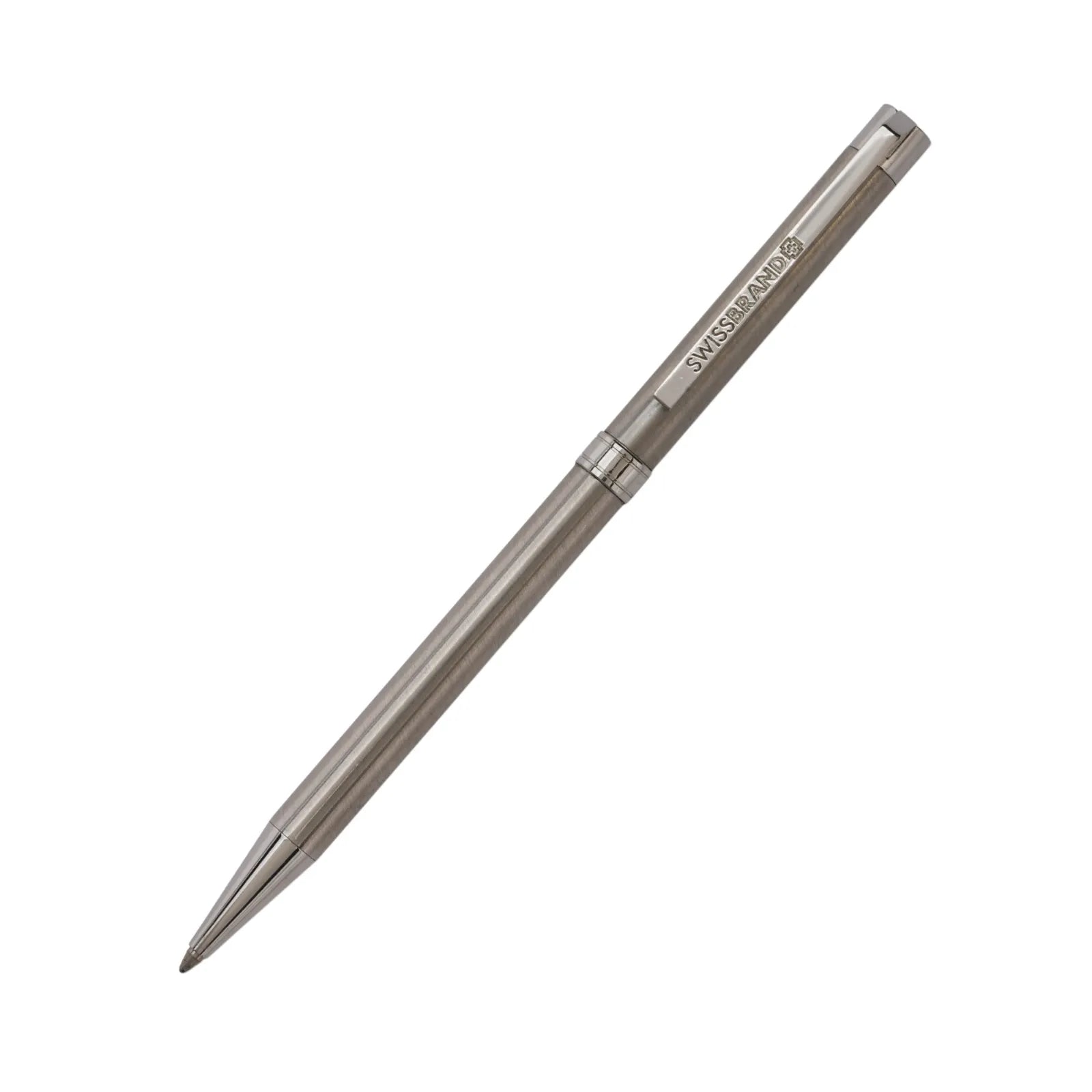 Metallic pen with 'Switzerland' engraving on a white background