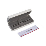 Silver pen in an open beige case with a 'Swiss Brand' card on a white background