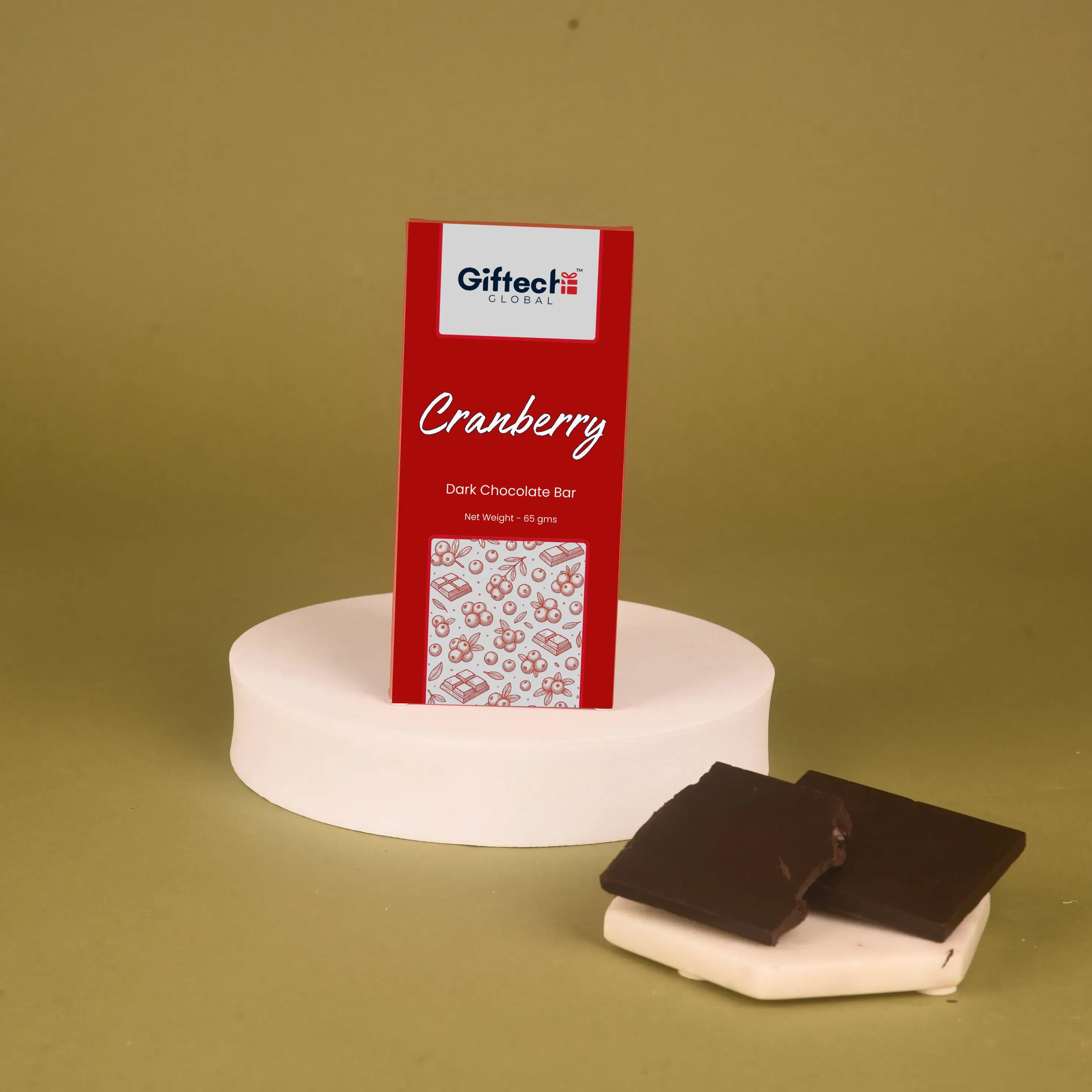 Canberry Dark Chocolate Bar - Cranberry | 65g displayed upright with chocolate squares beside it, ideal for gourmet chocolate lovers.