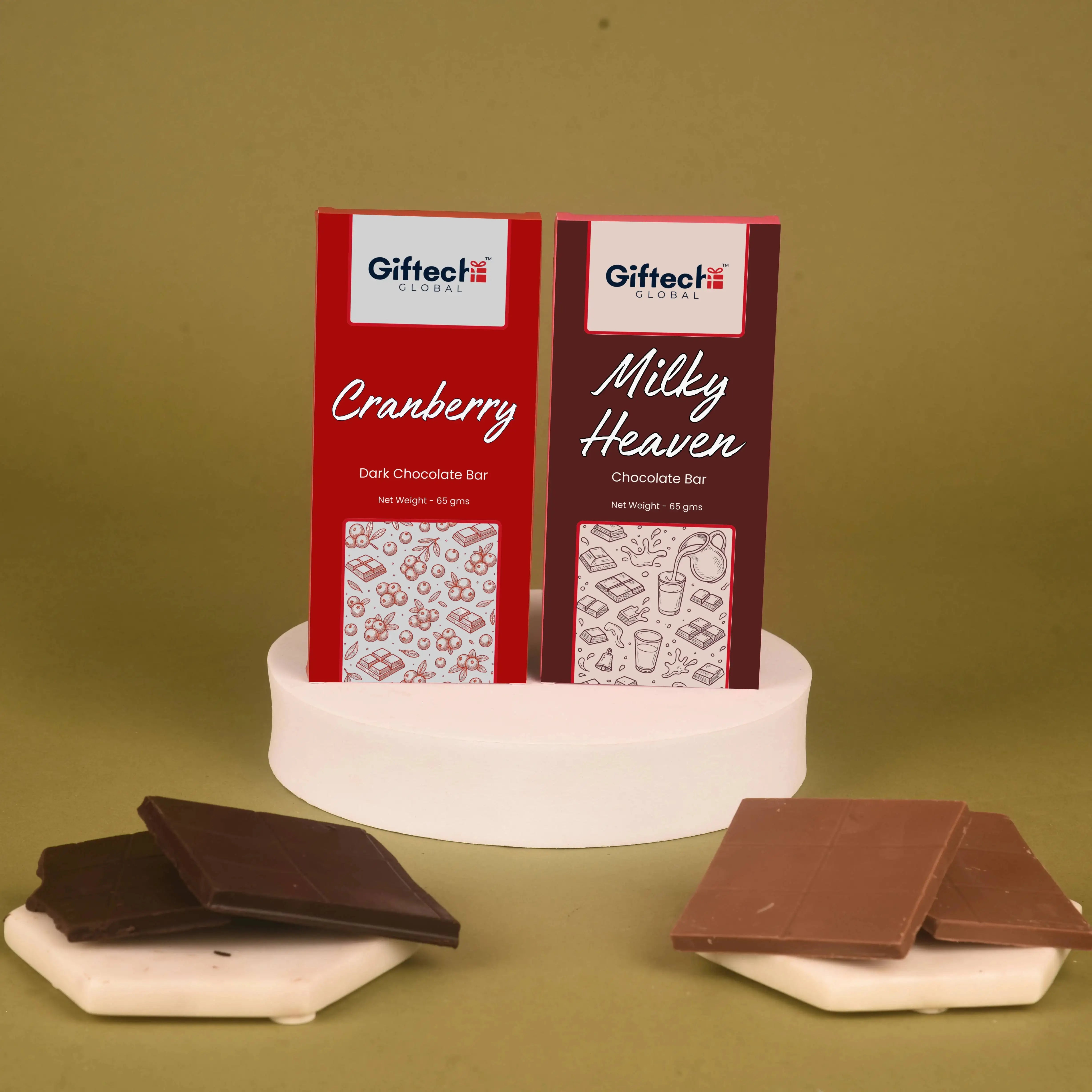 Close-up of Wholesome Mithaas Basket chocolate bars—Cranberry Dark Chocolate and Milky Heaven—ideal for Diwali gifting.