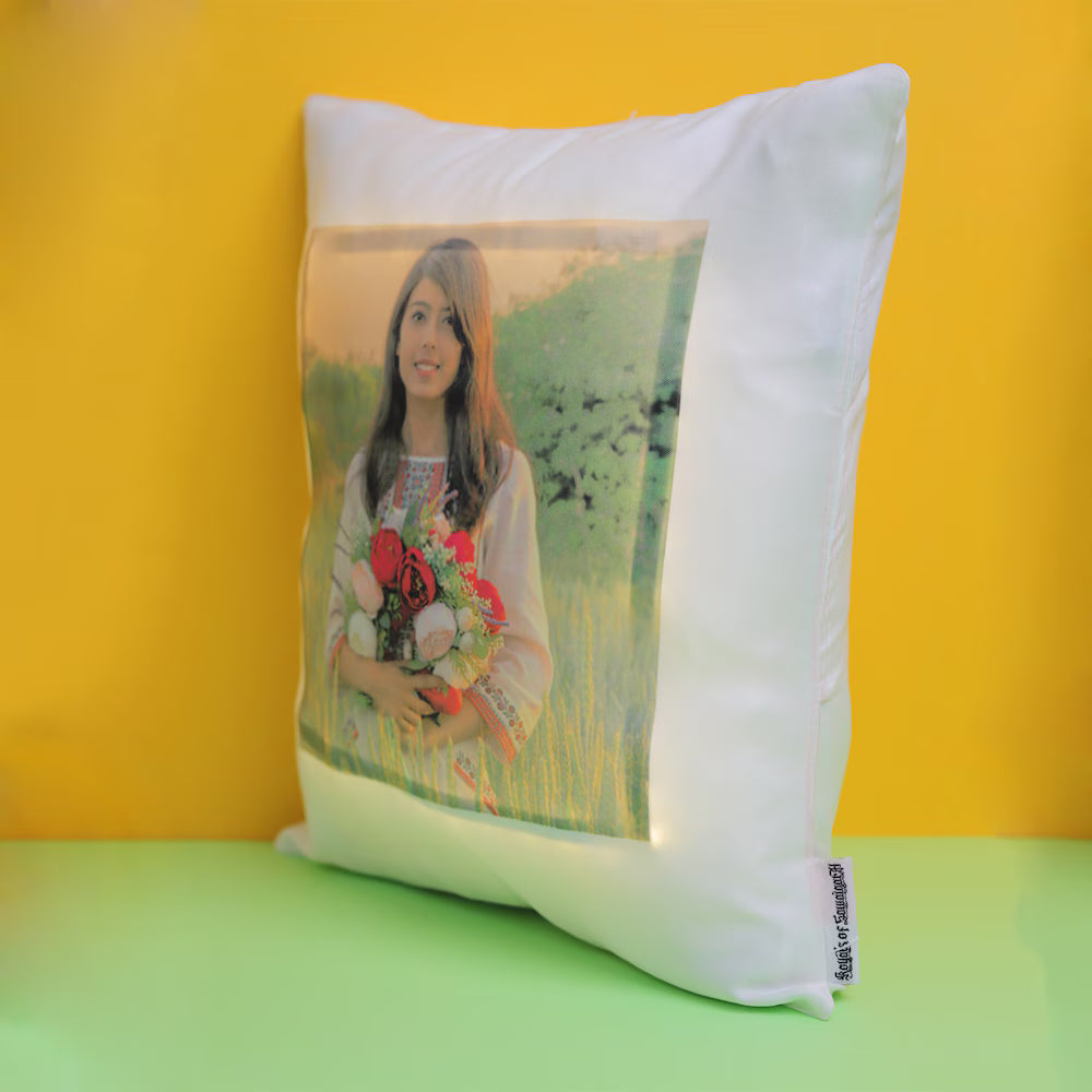 Side view of Customized Cushion for Her - Personalized LED Cushion with custom image and soft white fabric, great for personalized gifts.