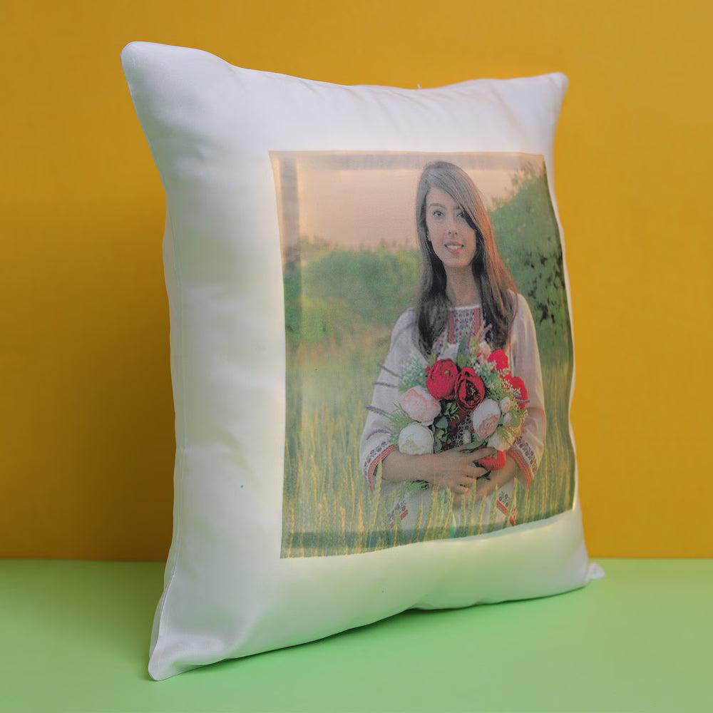 Angled view of Customized Cushion for Her - Personalized LED Cushion with photo print and LED light, perfect for home and garden décor.