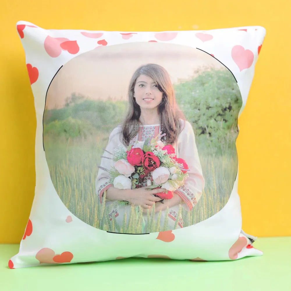 Customized Cushion for Her - Personalized LED Cushion featuring a printed photo and heart patterns, perfect for home décor or gifting.
