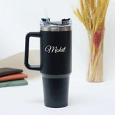 Personalized large capacity tumbler with handle in matte black, featuring the name 'Mohit' engraved, ideal for home and kitchen drinkware.