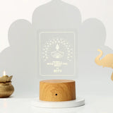 Unlit Decorative Diwali LED Lamp showing engraved acrylic panel and wooden base, perfect for festive home and office decor.