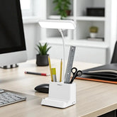 White LED desk lamp on a desk with stationery items, in an office setting.