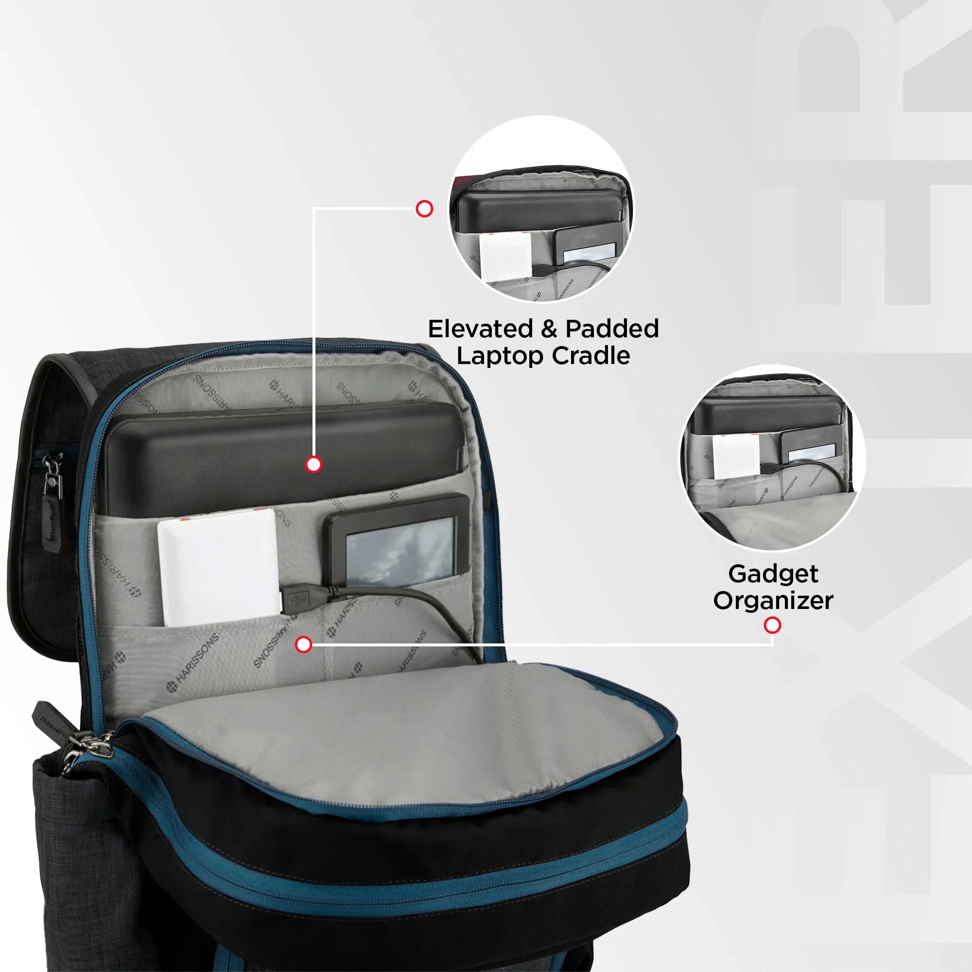Backpack with laptop cradle and gadget organizer on a gray background