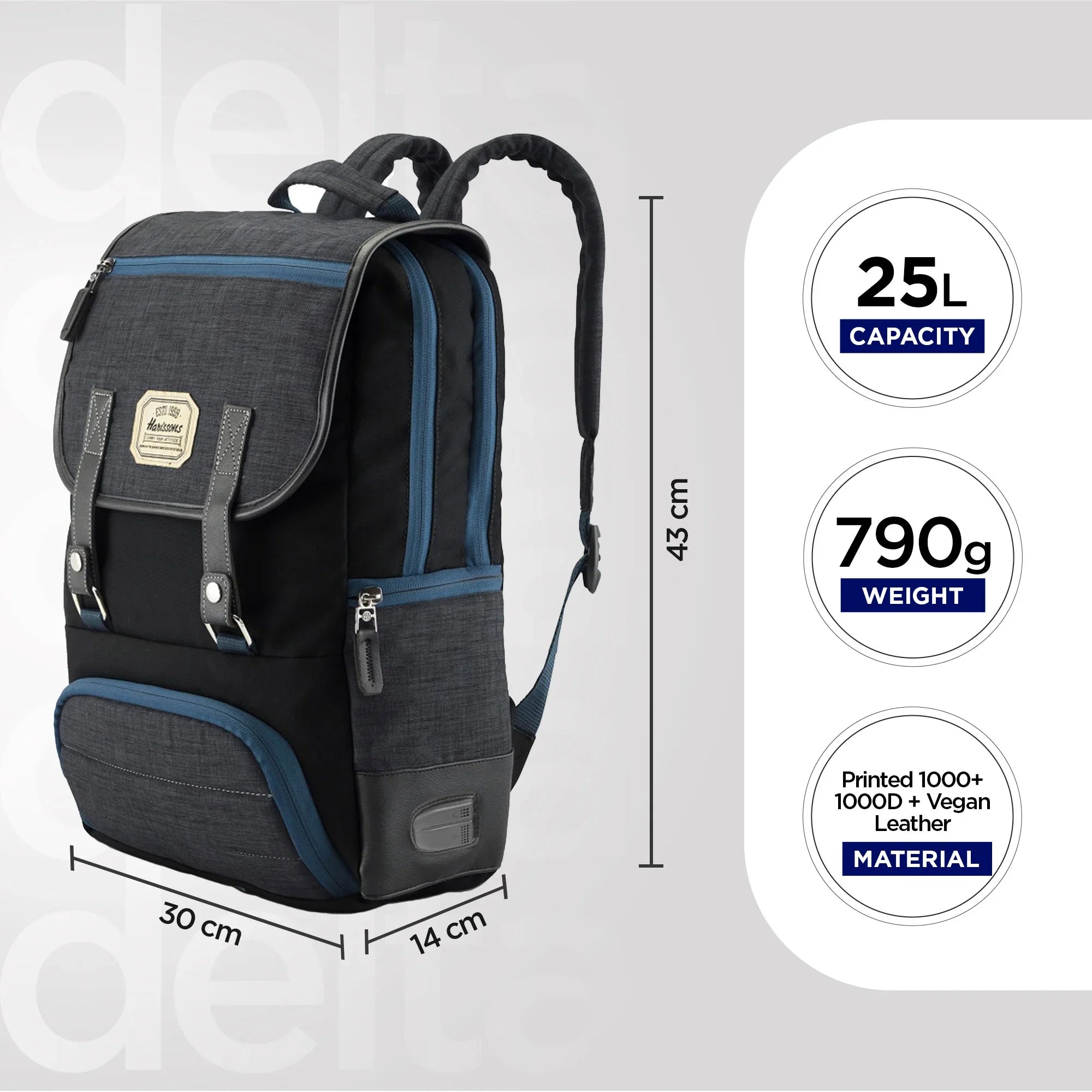 Black backpack with blue accents and measurements on a white background