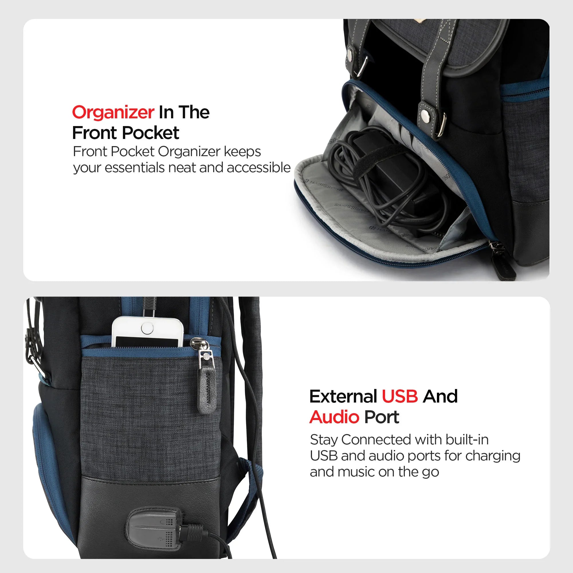 Backpack with front pocket organizer and external USB/Audio port features.