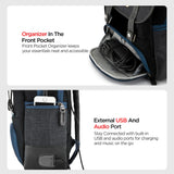 Backpack with front pocket organizer and external USB/Audio port features.
