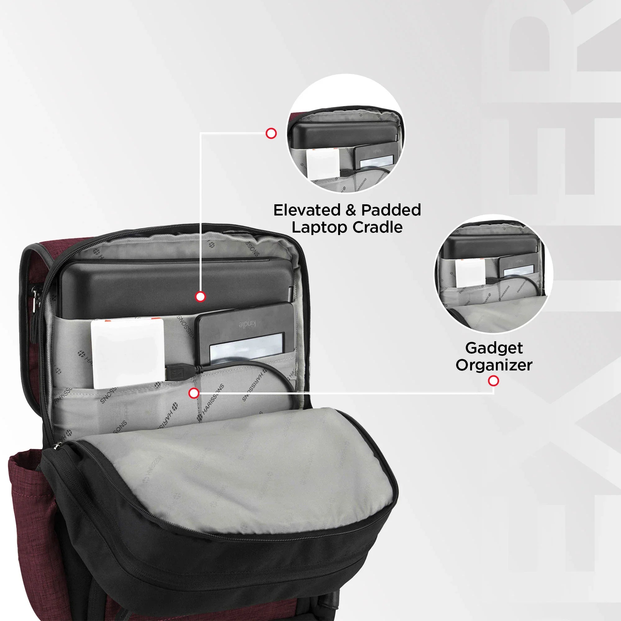 Backpack with laptop cradle and gadget organizer on a light gray background