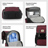 Backpack features including bottom protection system, elevated laptop cradle, spacious main compartment, and quick access front pockets.