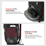 Backpack with front pocket organizer and external USB/audio port on a white background