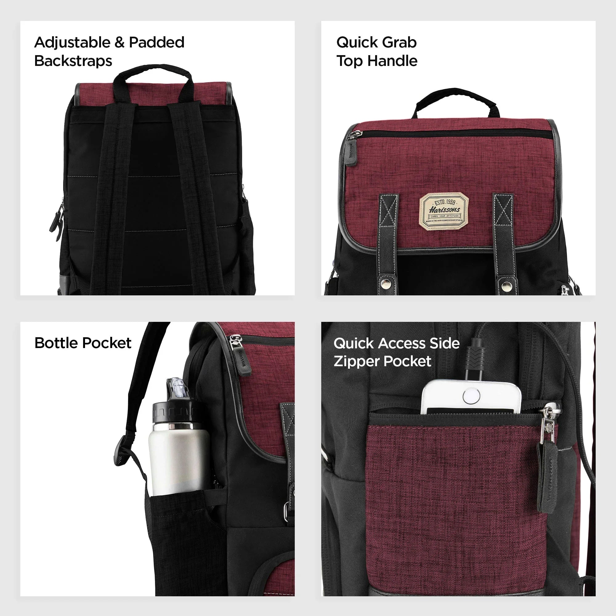 Backpack features including adjustable padded backstraps, quick grab top handle, bottle pocket, and quick access side zipper pocket.