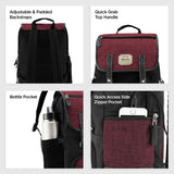 Backpack features including adjustable padded backstraps, quick grab top handle, bottle pocket, and quick access side zipper pocket.