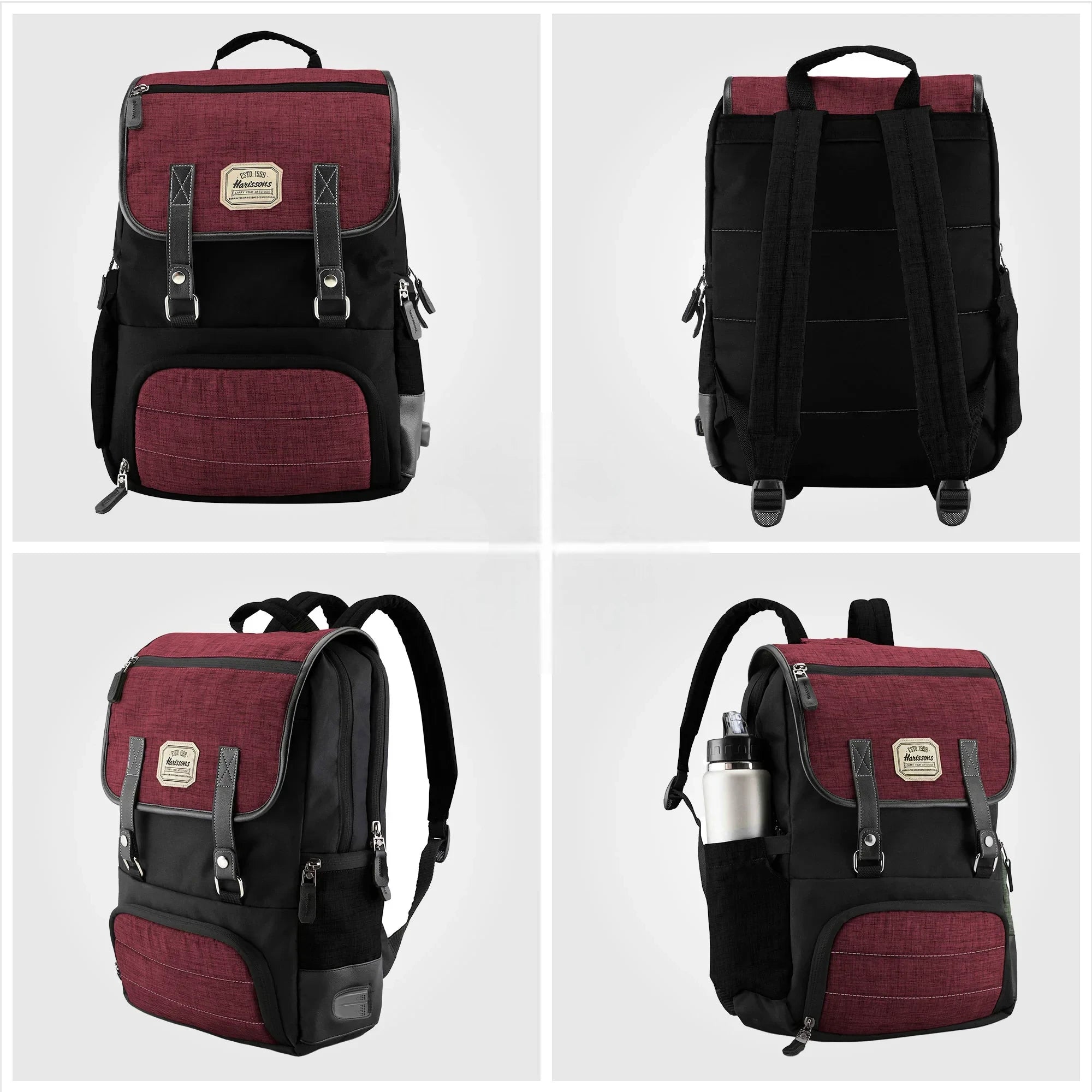 Red and black backpack shown from multiple angles on a white background